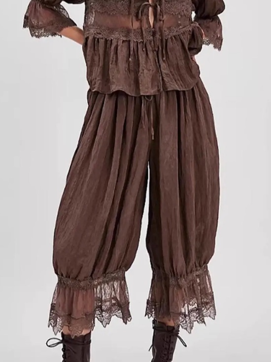 Pants - Brown Lace-Trim Wide Leg Bloomers